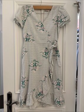 LOFT Light Gray Wrap Midi Dress with Green and Pink Floral Print